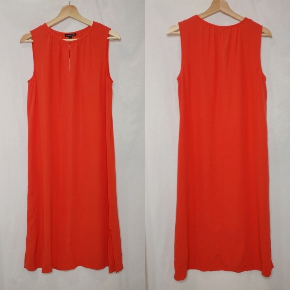 Eileen Fisher Shift Dress Sleeveless Round Split Neck Crepe Tencel Red Orange XS